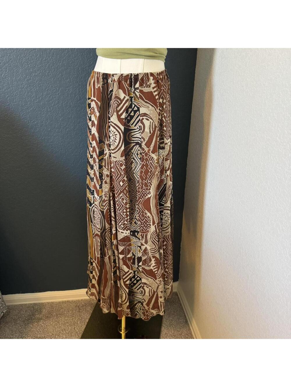 Ruby Rd Vintage Abstract Tribal Print Maxi Skirt Boho Brown, Size 12